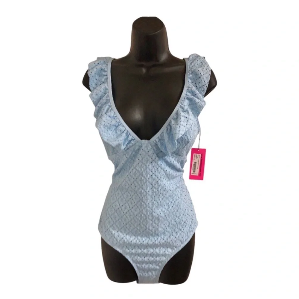 Betsey Johnson Clear sky blue 1piece Ruffle strap eyelet Swimsuit size small new